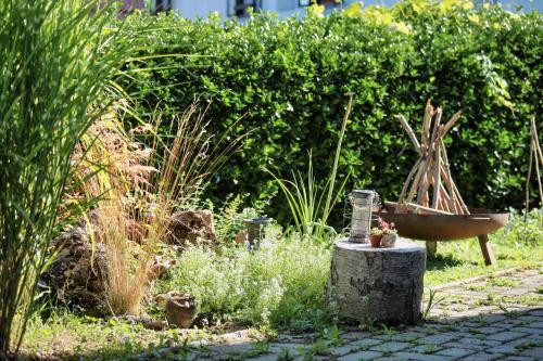 a garden with a wooden boat sitting in the grass at Vila Kralj in Podčetrtek