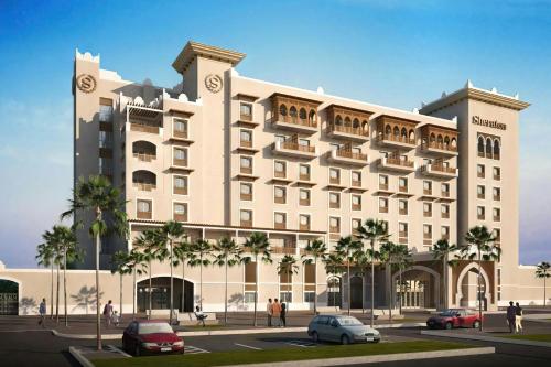 a rendering of a hotel with cars parked in front of it at Sheraton Nouakchott Hotel in Nouakchott