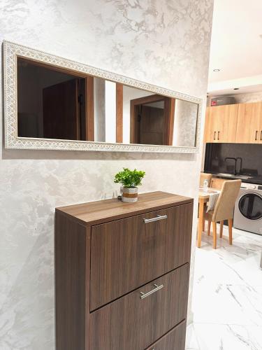 a dresser with a plant on top of it in a kitchen at La Marina Vivez l'expérience Mehdia à 100m de la plage in Kenitra