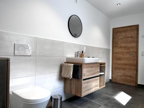 a bathroom with a toilet and a sink and a mirror at Ferienwohnung Naturtraum in Mistelgau