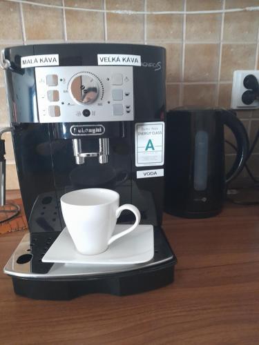 a coffee machine with a cup on a plate at Apartmánový dom Adriana in Zuberec