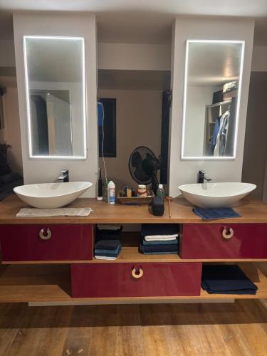 ein Badezimmer mit zwei Waschbecken und zwei Spiegeln in der Unterkunft Maison de vacances en Camargue in Marsillargues