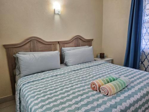 una cama con dos almohadas encima en OB Apt 8, en Christ Church