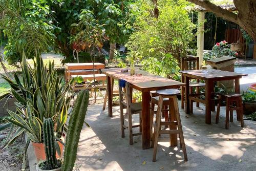 a group of tables and chairs in a garden at Maracuya Suites Zipolite in Zipolite
