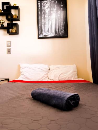 a bedroom with a bed with a pillow on the floor at Golden Vintage Room , Paseo Durango in Durango