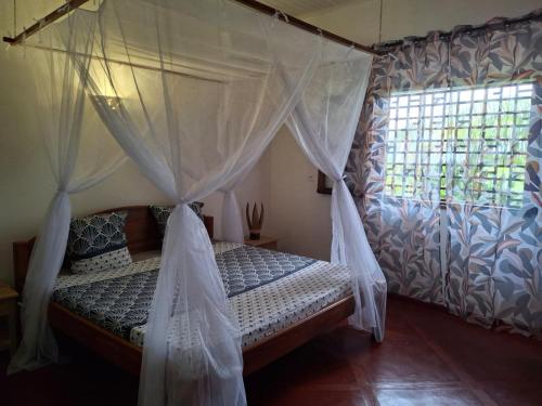 a bedroom with a canopy bed and a window at Résidences-Bel-R in Nosy Be