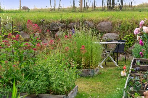 a garden with flowers and a bench in a field at Rural Charm And Beautiful Landscape in Svebølle