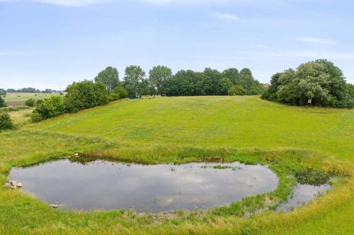 a large field with a pond in the grass at Rural Charm And Beautiful Landscape in Svebølle