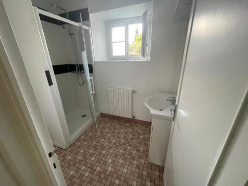 un bagno bianco con doccia e lavandino di Gite proche Chateau-gontier a Marigné-Peuton