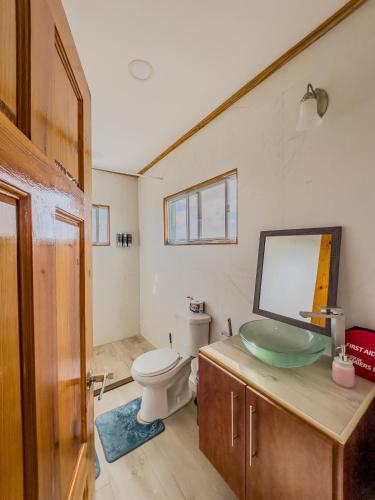 a bathroom with a toilet and a glass sink at Azahyah Lumiere Suite - 12min from UVF Airport in Vieux Fort