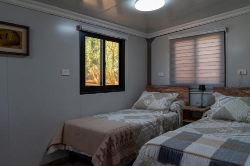 a bedroom with two beds and a window at Luna de Chañares in San Pedro de Atacama