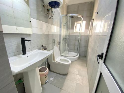 a bathroom with a sink and a toilet and a shower at Amelia Aparthotel in Buea