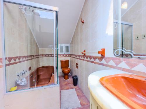 Un baño con ducha, lavabo e inodoro. en Departamento espacioso y encantador en el centro de Sucre, en Sucre