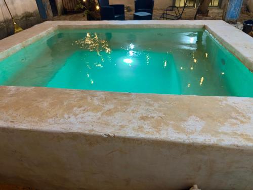 a pool of green water in a concrete tub at Casa La Perla del Sur Confort y calidez en todos sus espacios in Ticul