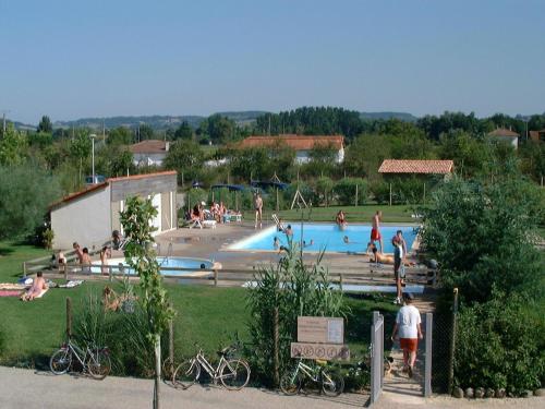 un groupe de personnes dans une piscine dans l'établissement Chalet in France with Garden Terrace, à Castelmoron-sur-Lot
