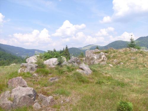 a group of rocks on a grassy hill with mountains at Rustic Chalet for Families in Le Ménil