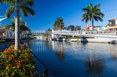 a river with a bridge and palm trees and flowers at Don Quijote de Tampico in Tampico