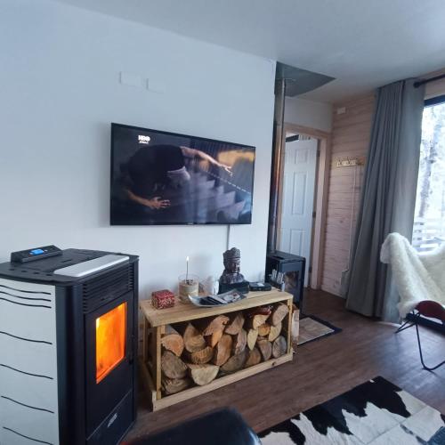 a living room with a fireplace and a tv at REFUGIO REHUE in Nevados de Chillan