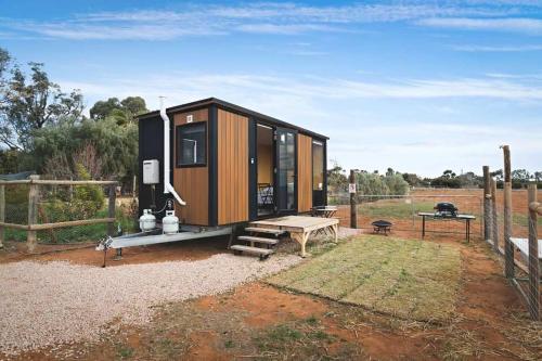 a tiny house on a trailer in a field at Bluestone Alpacas Theodores Corner by Tiny Away in Cabarita