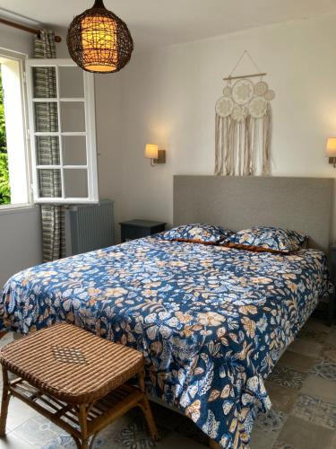 a bedroom with a bed with a blue comforter at LOUE CHAMBRE CHEZ L HABITANT ACCES A LA CUISINE A 10 MN DES PLAGES in PloÃ©ven