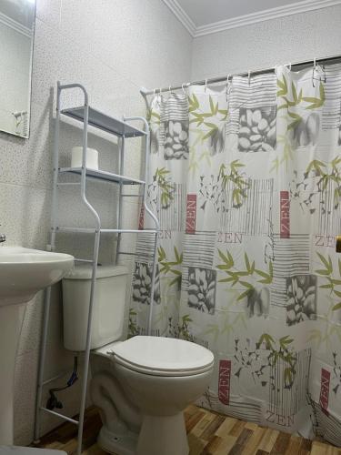 a bathroom with a toilet and a shower curtain at Cabañitas Zelada in Algarrobo