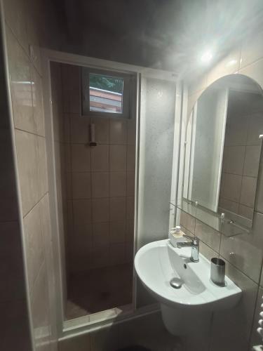 a white bathroom with a sink and a shower at HamvasDomb Vendégház in Egerszalók