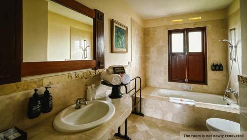 a bathroom with a sink and a tub at Svarga Bebek Villas in Ubud