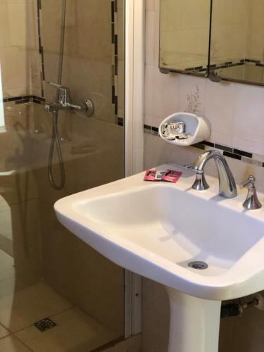 a white sink in a bathroom with a shower at Casa Hanami, habitación doble excelente ubicación in Salta