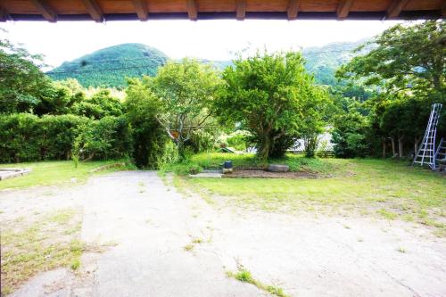 a view of a yard with trees and a ladder at 農ある暮らしの宿古民家天地 in Minamiizu