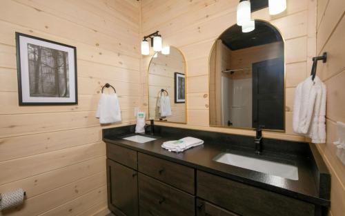 Un baño con dos lavabos y un espejo. en Tennessee Swim, en Pittman Center