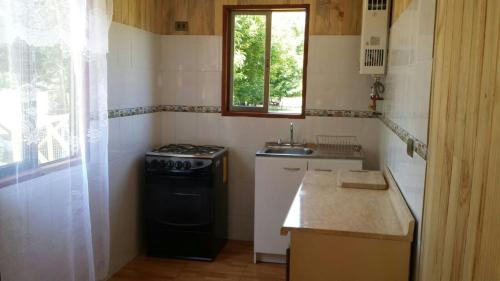 a small kitchen with a stove and a sink at Cabañas Los Canelos Hermosa granja en Pucón in Pucón