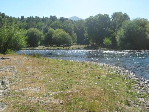 a river with a grass field and trees in the background at Cabañas Los Canelos Hermosa granja en Pucón in Pucón