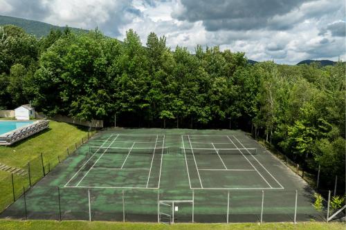 an overhead view of a tennis court with trees at Clyde's Cabin home in Warren