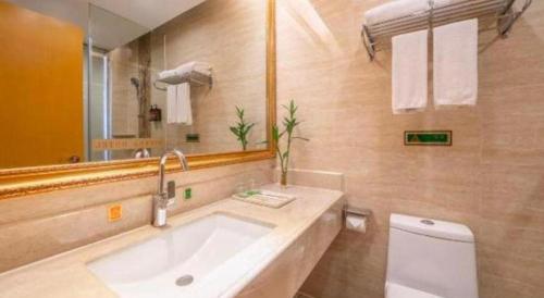 a bathroom with a sink and a toilet and a mirror at Vienna Hotel Guangxi Fangcheng in Fangcheng
