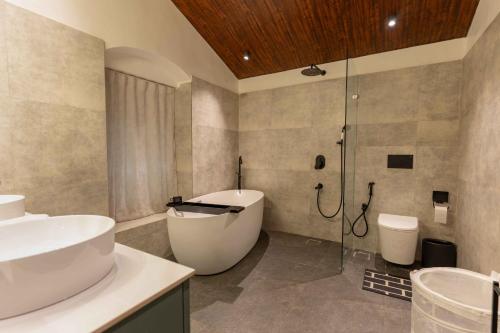a bathroom with two sinks and a shower at Villa Serendipity Aldona in Aldona