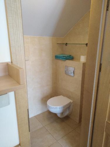 a small bathroom with a toilet in a room at Nad zatoką in Kuźnica