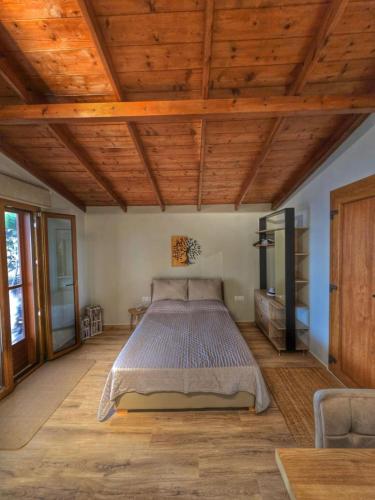 a bedroom with a bed in a room with wooden ceilings at Vista Mare in Kámpos