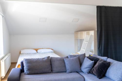 a living room with a couch and a bed at Apartments Ema in Podčetrtek