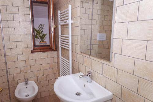 a bathroom with a sink and a mirror and a toilet at Il Nibbio Reale in Albano di Lucania