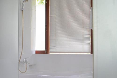 a bathroom with a shower and a sink and a window at Mekong Long Thanh Resort & Reststop in Ấp Thanh Nguyên