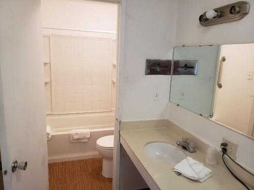 a bathroom with a sink and a toilet and a mirror at Hotel O Rama Inn & RV Park in Washougal