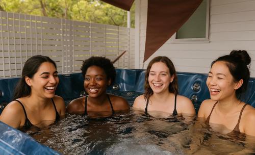 a group of four women in a hot tub at Fairyland Getaway- at Central Coast with XXXL hot Jacuzzi & Fun - Round pool table and Slide bunk bed in Narara