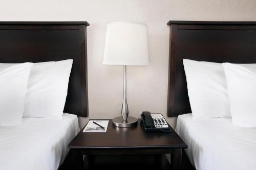 a lamp on a table between two beds at Skyline Hotel & Waterpark in Niagara Falls