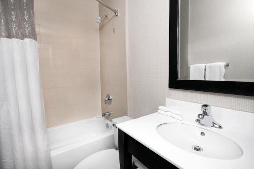 a bathroom with a sink and a toilet and a mirror at Skyline Hotel & Waterpark in Niagara Falls