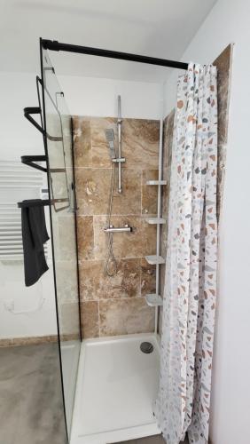 une salle de bain avec une douche avec un rideau de douche dans l'établissement La Grange des Joumillons, à Saint-Saturnin-lès-Apt