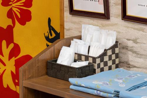 a box of white paper towels sitting on a table at Kiyonoya in Asakura