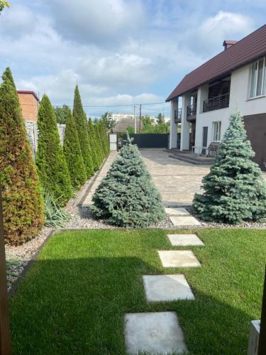 a garden with christmas trees and stepping stones at вулиця 8-го Березня Апартаменты in Myrhorod