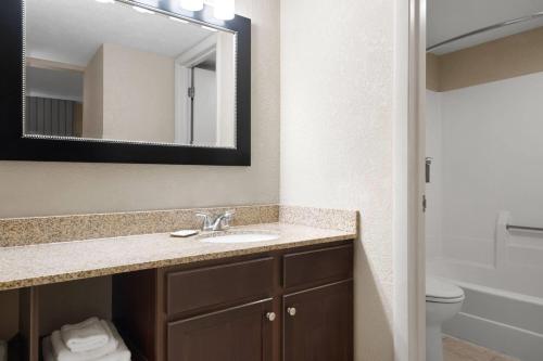 a bathroom with a sink and a mirror at Eastland Suites Hotel & Conference Ctr, Trademark by Wyndham in Bloomington