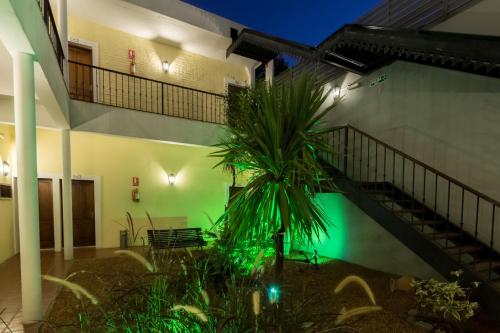 a building with a staircase and a palm tree at Don Antonio Posada in Colonia del Sacramento