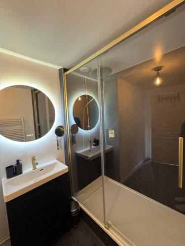 a bathroom with a shower and a sink and a mirror at Appartement Sedan in Sedan
